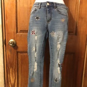 Bebe Distressed, Embellished Jeans
